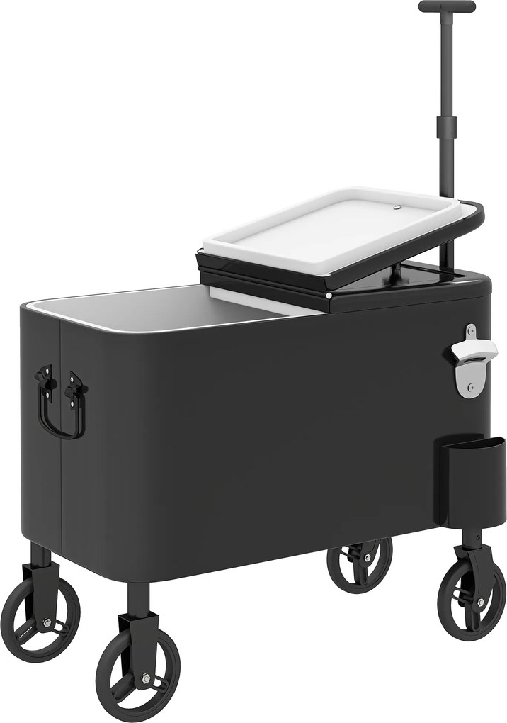 Outsunny Carrinho Frigorífico de 56L com Rodas Pega Ajustável Abre-garrafas Recolhedor de Tampas Dreno 75x35x120 cm Preto | Aosom Portugal