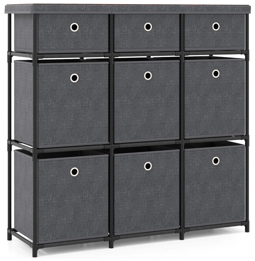 Cómoda com 9 gavetas 87 x 28 x 84 cm, estrutura metálica e cestos de tecido dobráveis para casa, cinza
