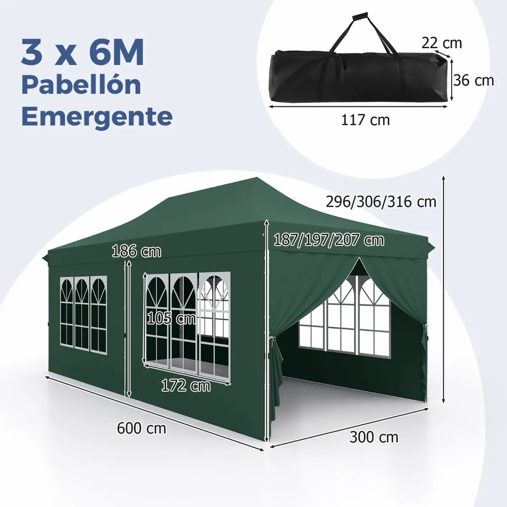 Tenda jardim, festas, eventos de 600 x 300 cm com 6 paredes laterais removíveis, com 6 pesos com bolsa de transporte Verde