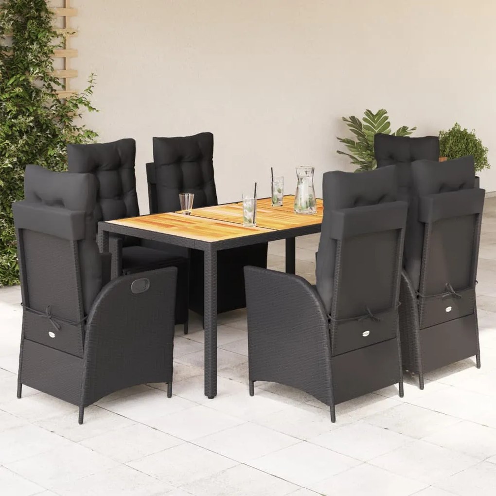 vidaXL 7 pcs conjunto de jantar p/ jardim c/ almofadões vime PE preto