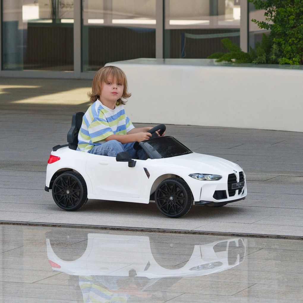Carro Elétrico para Crianças BMW M4 12V com Controlo Remoto Faróis Buzina Música e Velocidade 3-5 km/h 108x69,5x51 cm Branco