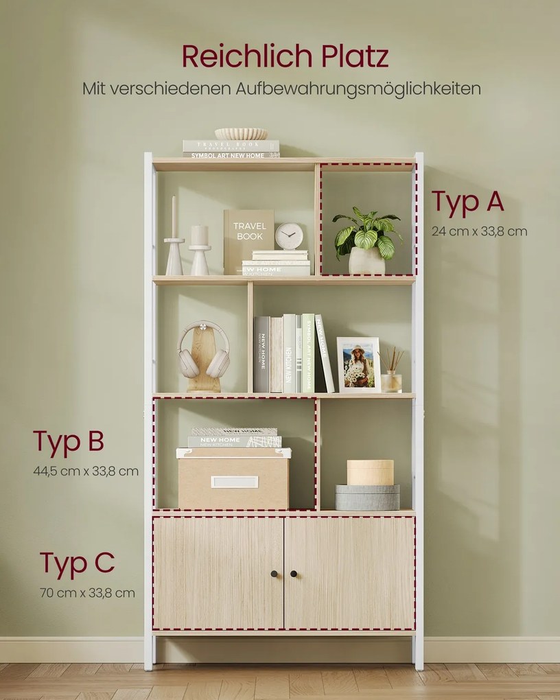 Estante com 4 prateleiras abertas 30 x 74 x 154,5 cm em bege natural-branco