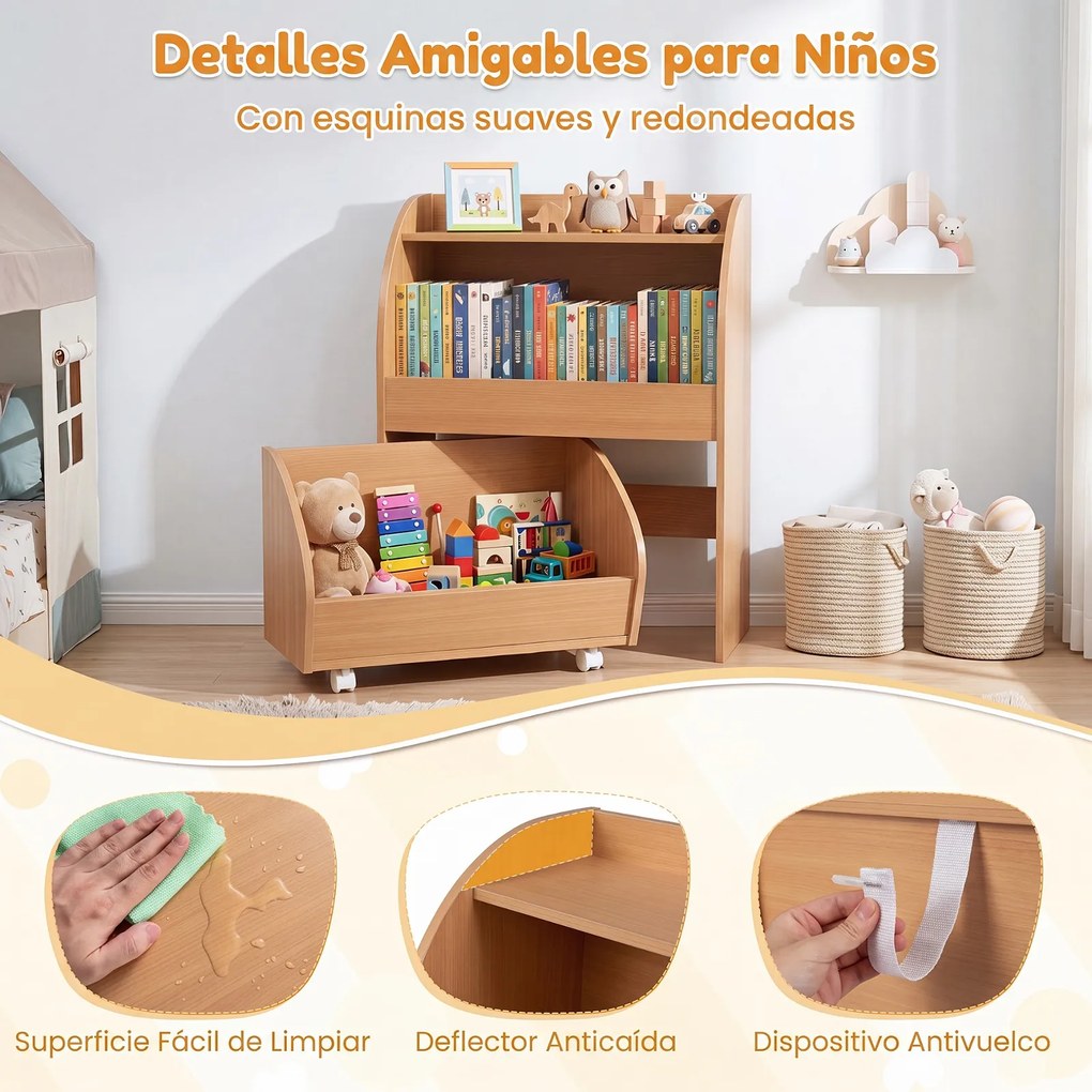 Móvel de Arrumação Infantil, 50 x 29 x 61,5 cm, Gaveta com Rodas, Natural