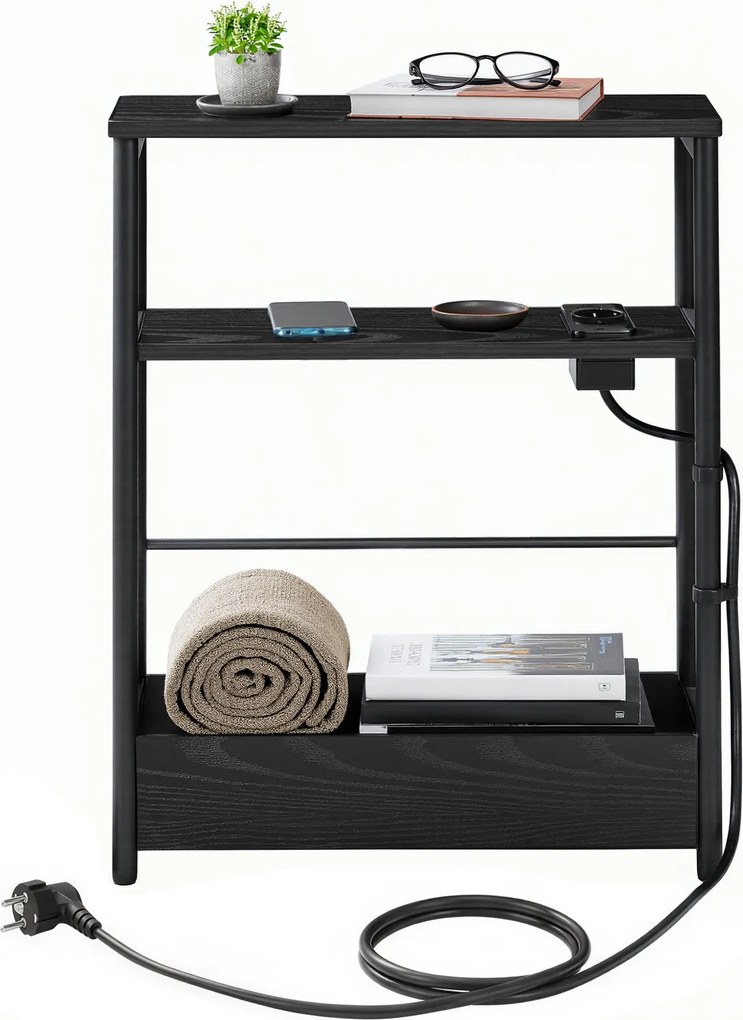 Mesa apoio lateral com tomada integrada e as portas USB 18 x 45 x 58 cm, 3 níveis, para sala de estar preto