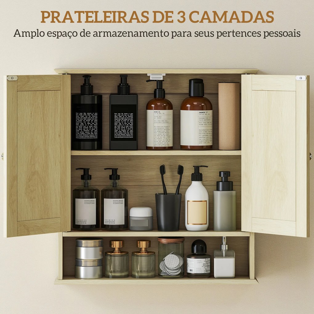 Armário de Parede com Espelho para Casa de Banho 2 Portas Prateleira Aberta e Ajustável 56x13x58 cm Madeira