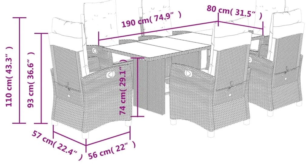 7 pcs conj. jantar jardim c/ almofadões vime PE bege misturado