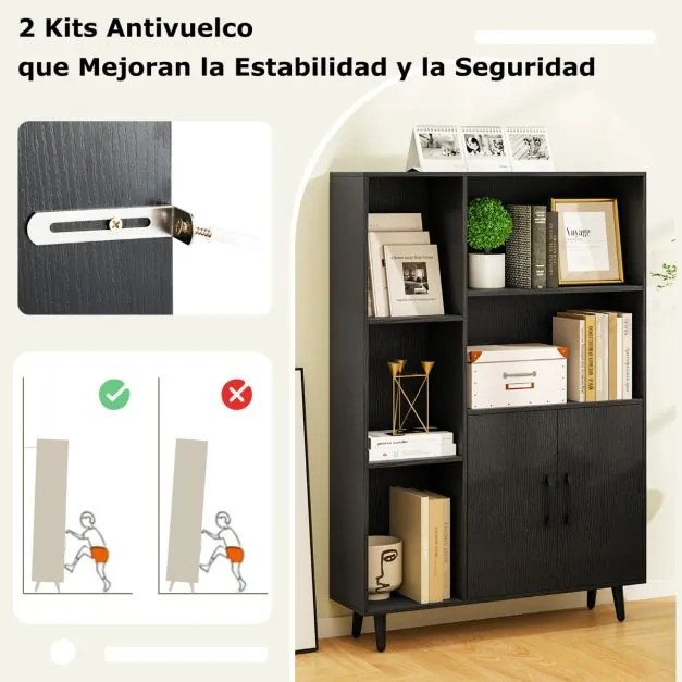 Estante com portas duplas 80 x 23,5 x 119 cm com 5 compartimentos abertos Preto