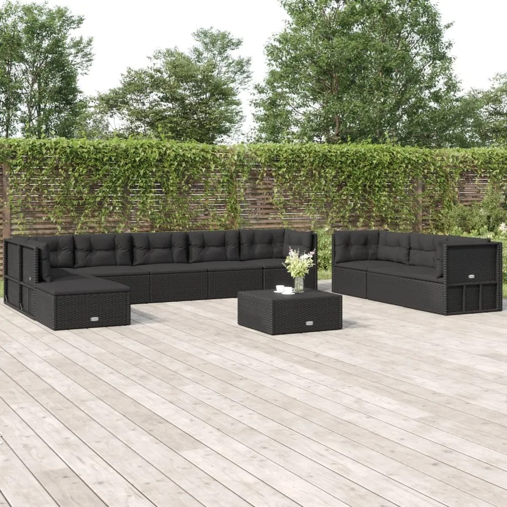 vidaXL 10 pcs conjunto lounge de jardim c/ almofadões vime PE preto
