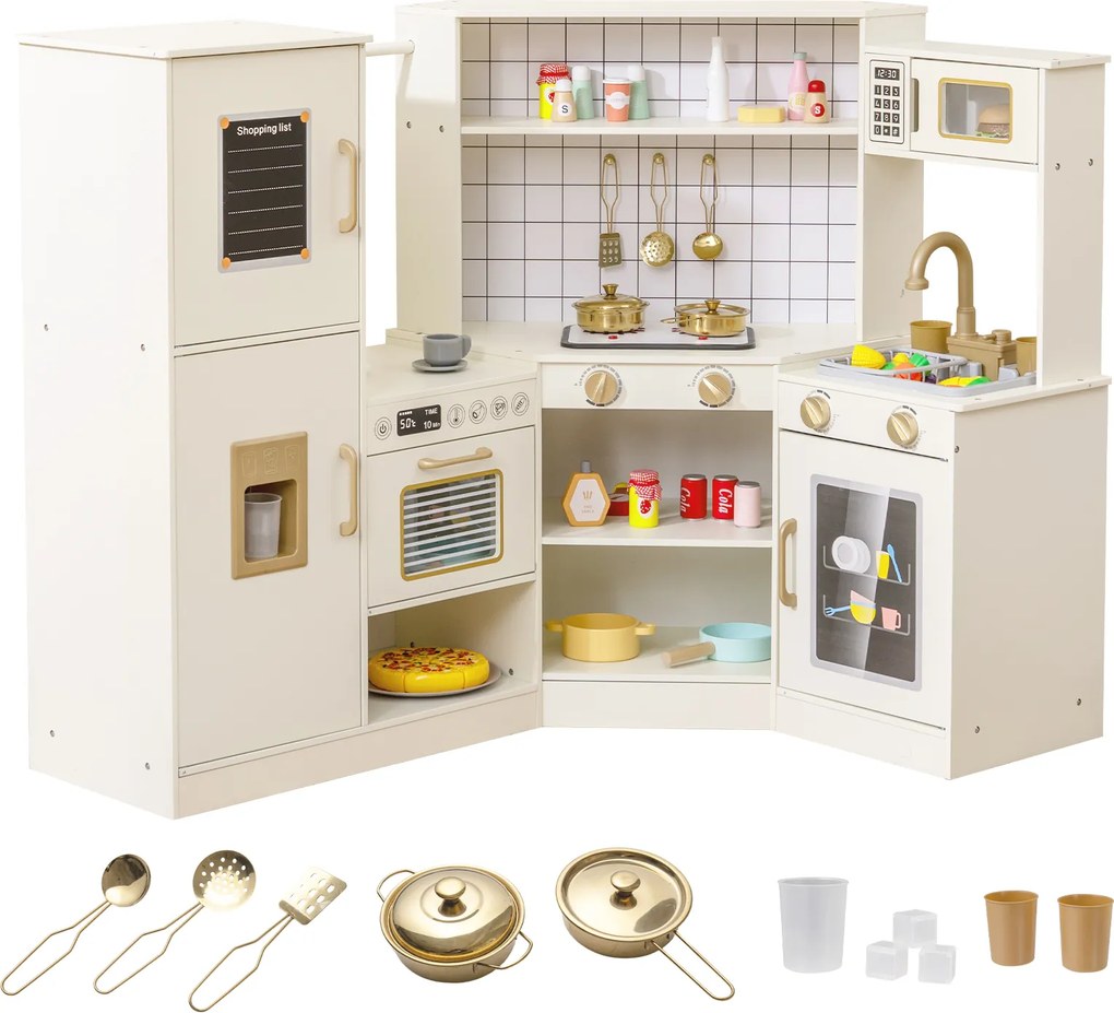 Cozinha de Brinquedo de Canto, 134 x 71 x 90 cm, Torneira com Circulação de Água, Bege