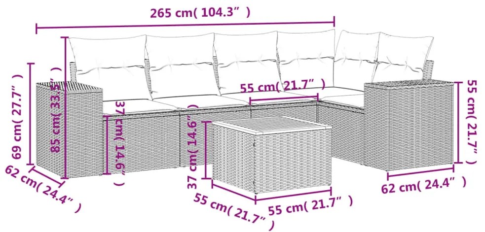 6 pcs conjunto de sofás p/ jardim com almofadões vime PE bege