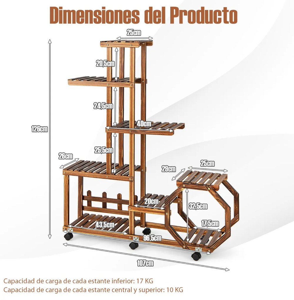 Estante de flores de madeira multicamada para plantas com rodas com trava para varanda e pátio de jardim 107 x 29 x 126 cm Castanho