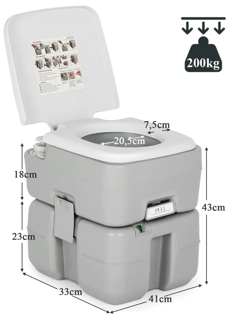 Sanita Portátil Sanita de Campismo 20 L Tanque de Águas Residuais Bomba de Drenagem de Águas Residuais para Adultos Crianças 41 x 33 x 43 cm Cinzento