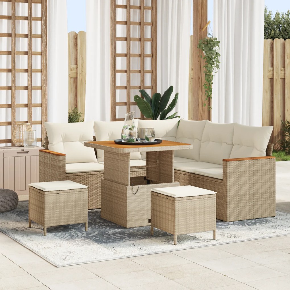 Conjunto de Sofá de Jardim vidaXL com Almofadas Beiges em Rattan de Polietileno Acácia
