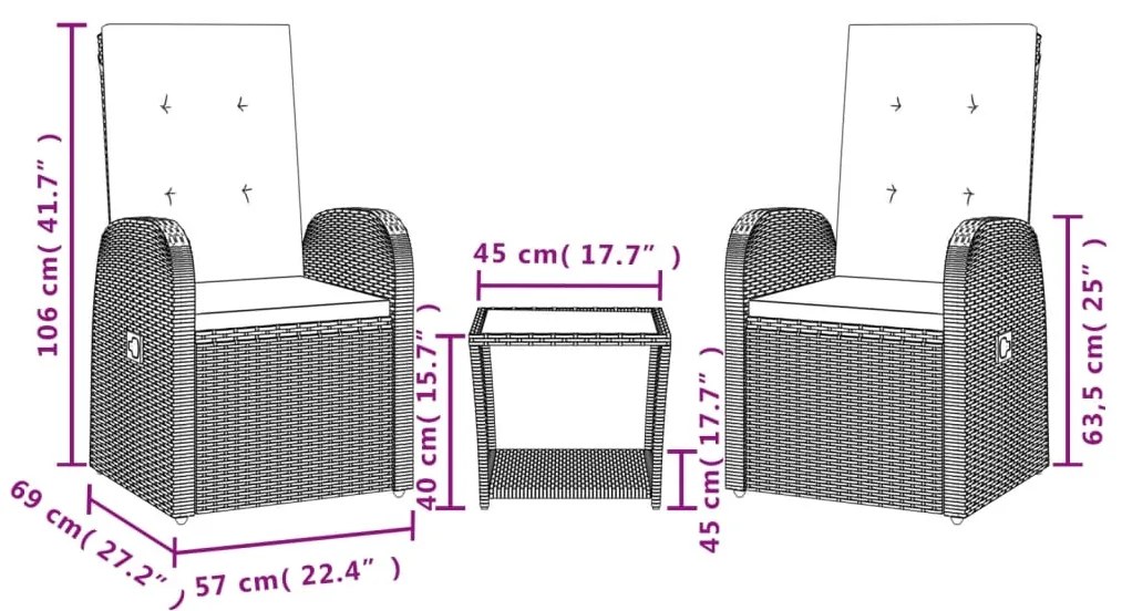 3 pcs conjunto de jantar p/ jardim c/ almofadões vime PE cinza