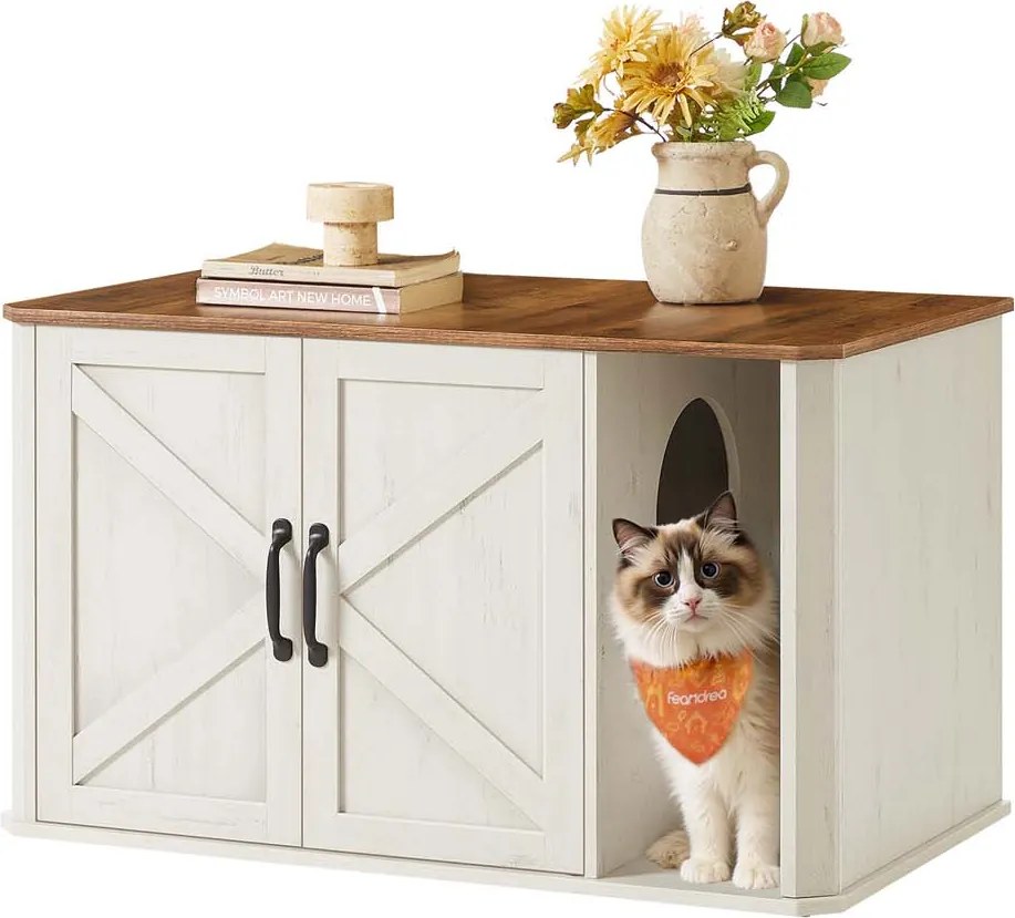 Armário para Caixa areia (não incluida) para gatos com entrada frontal 85 x 48,5 x 50 cm castanho mel-branco vintage
