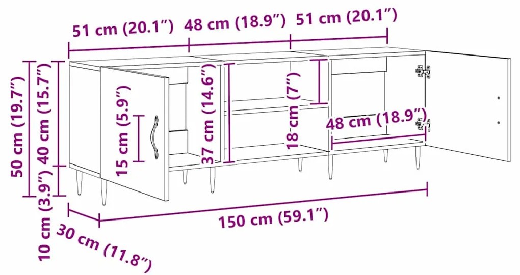 Gabinete para TV com prateleira Carvalho preto 150 x 30 x 50 cm