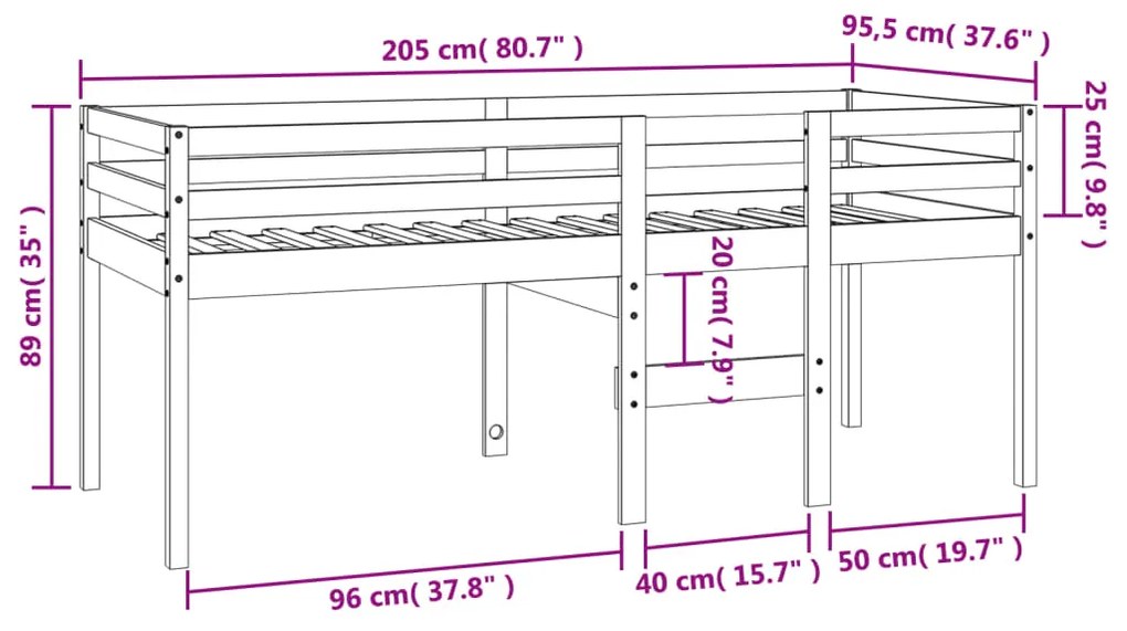 Cama alta 90x200 cm madeira de pinho maciça castanho cera