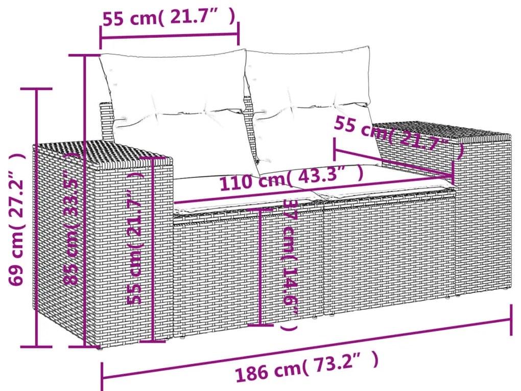 4 pcs conjunto de sofás para jardim c/ almofadões vime PE bege