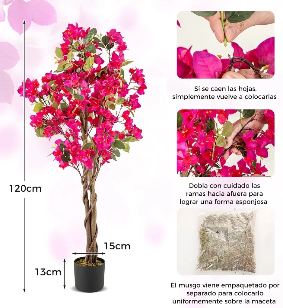 Conjunto 2 Árvores de buganvílias artificiais 120 cm Planta de jardim falsa decorativa em vaso com flores vermelho
