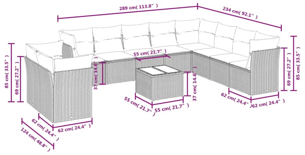 11 pcs conjunto sofás de jardim c/ almofadões vime PE preto