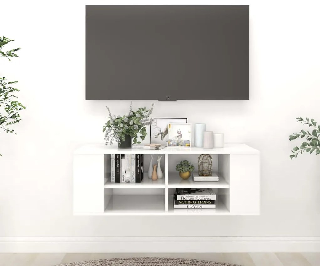vidaXL Armário de parede para TV derivados de madeira branco brilhante