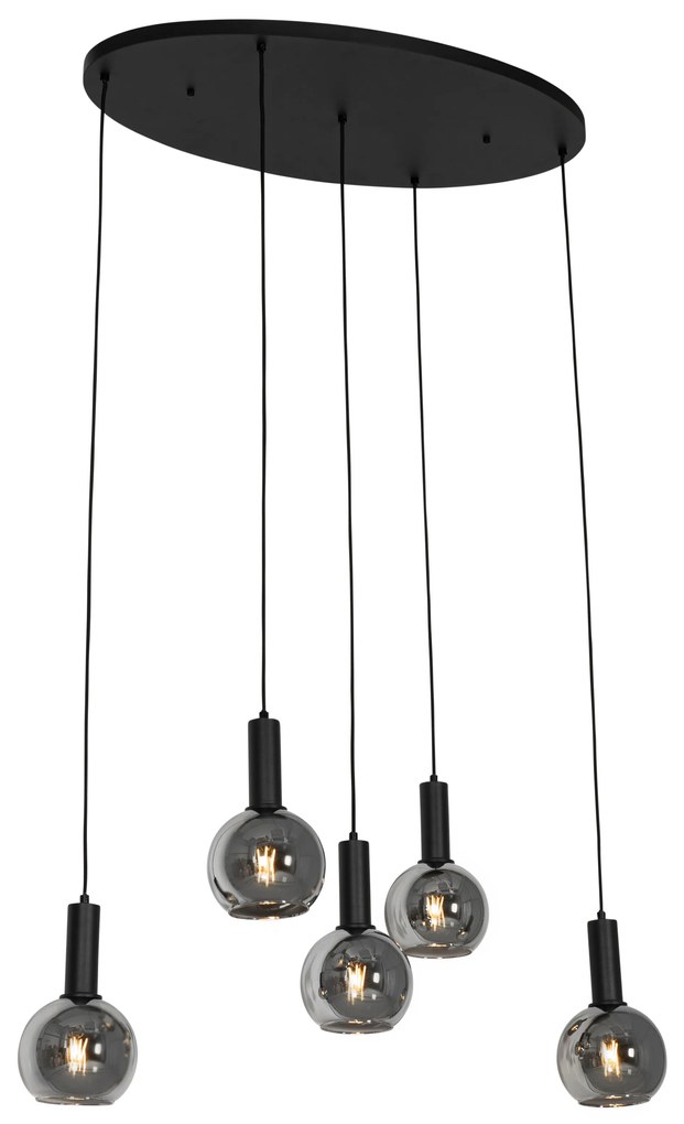 Candeeiro suspenso Art Déco preto com vidro fumê oval 5 luzes - Josje Art Deco