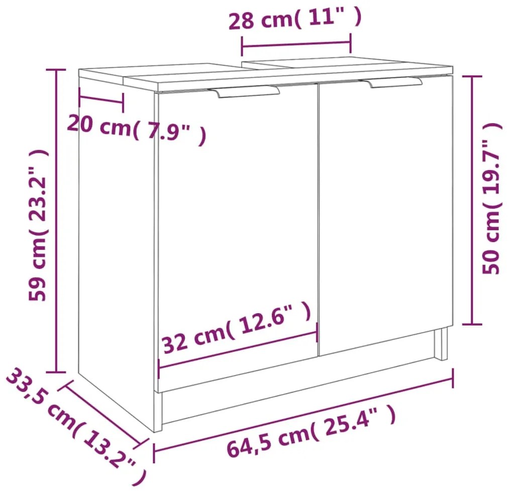 Armário casa de banho 64,5x33,5x59 cm madeira branco brilhante