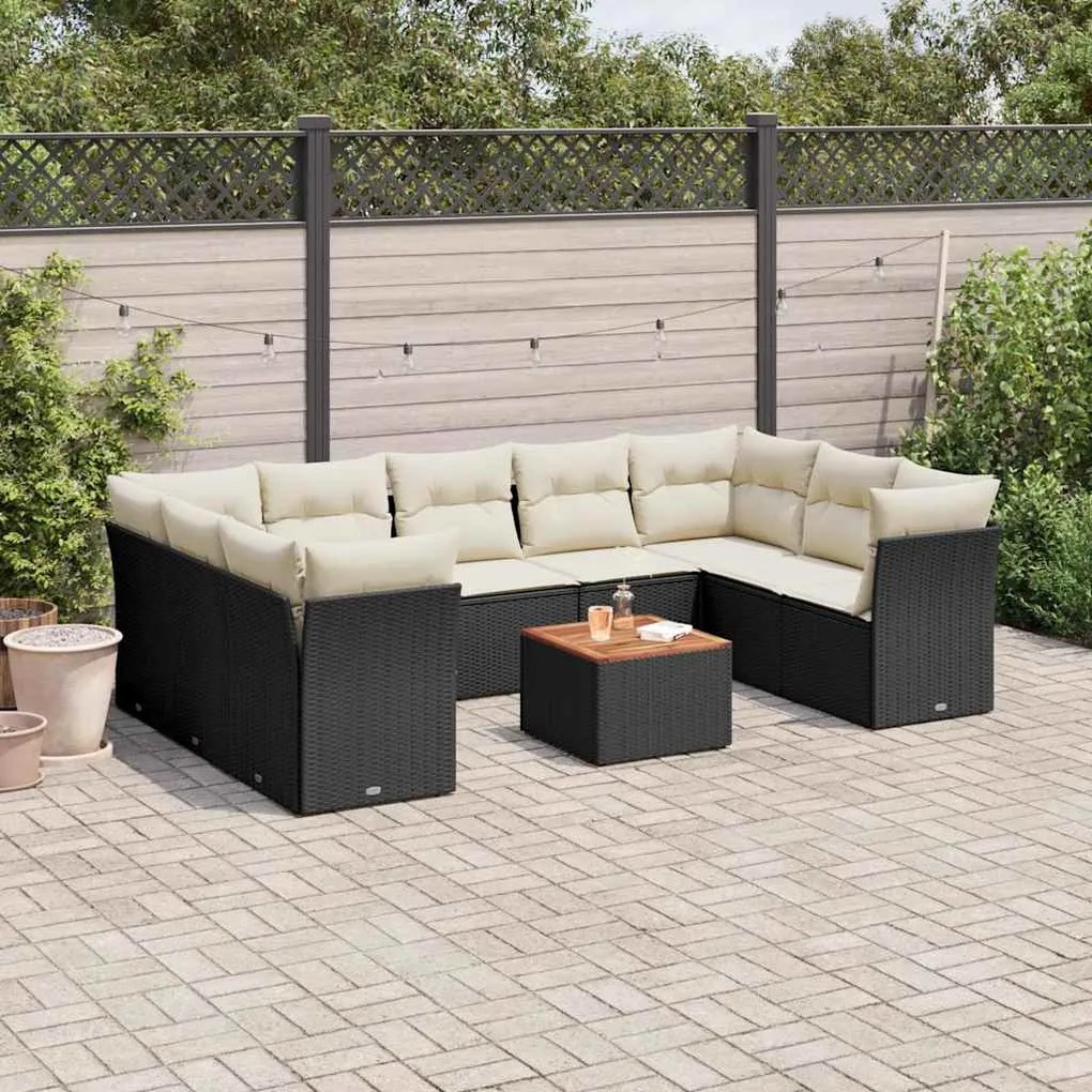10 pcs conjunto sofás de jardim c/ almofadões vime PE preto