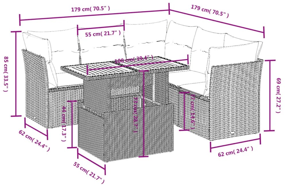 5 pcs conjunto sofás de jardim c/ almofadões vime PE cinzento