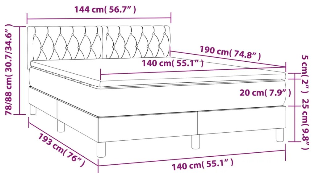 Cama box spring c/ colchão e LED 140x190 cm tecido cinza-escuro