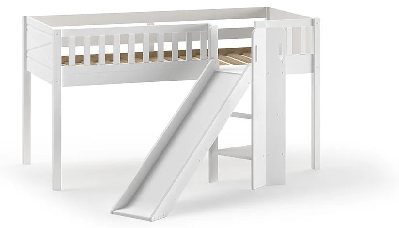 Conjunto cama Infantil SCOTT + escorrega + cortina de brincar BIRDY + 3 bolsos de arrumação Branca