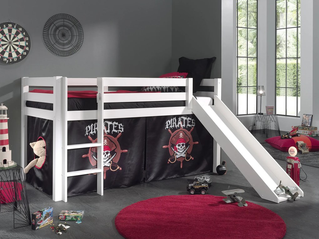 Conjunto Cama alta de Criança PINO 90 x 200 cm + estrado + escada + escorrega + cortina Piratas Branca