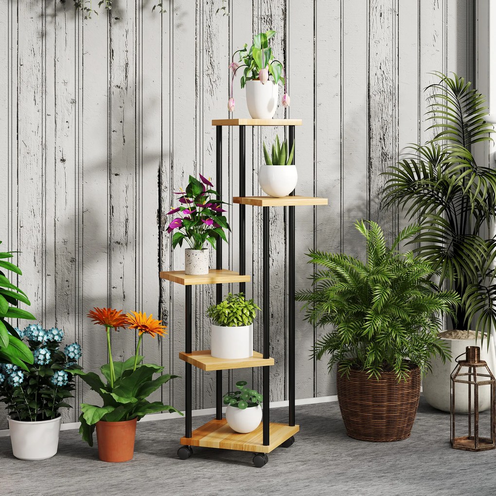 Suporte para plantas de 5 níveis para interior e exterior, prateleira para plantas com 4 rodas em aço e madeira natural