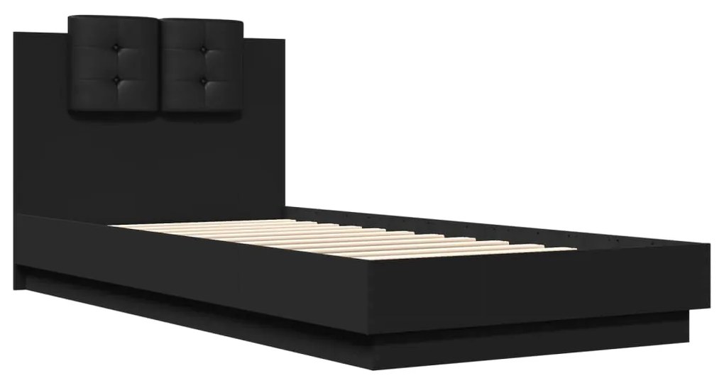 Estrutura de cama com cabeceira e luzes LED 100x200 cm preto