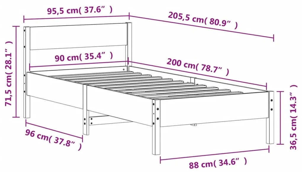 Estrutura de cama com cabeceira 90x200 cm pinho maciço branco