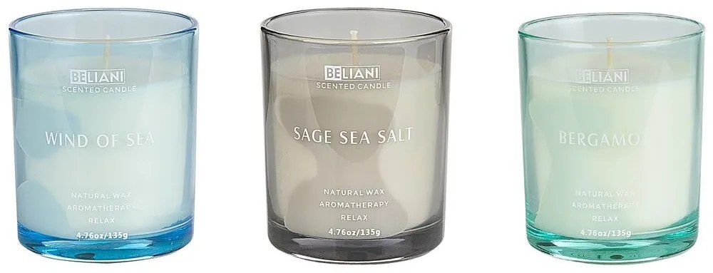 Conjunto de 3 velas perfumadas em cera de soja laranja bergamota/vento de mar/sálvia de sal SHEER JOY Beliani