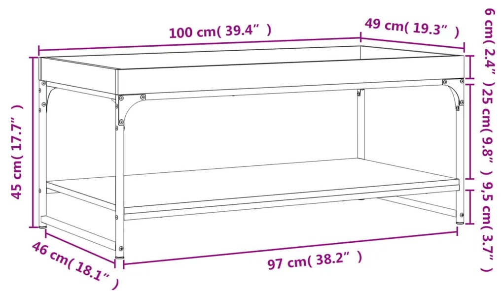 Mesa de centro 100x49x45 cm derivados madeira carvalho fumado