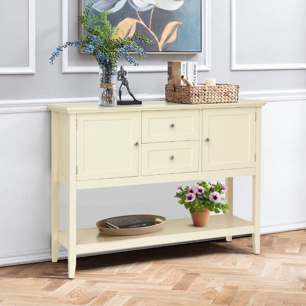 Mesa consola aparador em madeira com 2 gavetas e 2 prateleiras por baixo das portas Mesa de apoio para sala de estar Escritório 117 x 38 x 86,5 cm Beg