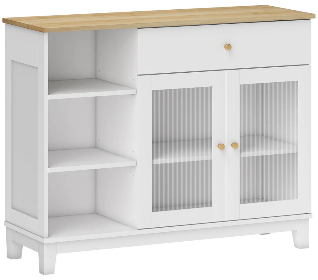 HOMCOM Aparador 2 Portas de Vidro Aparador para Sala Moderno com Gaveta Compartimentos Abertos 100x35x80,3 cm Branco | Aosom Portugal