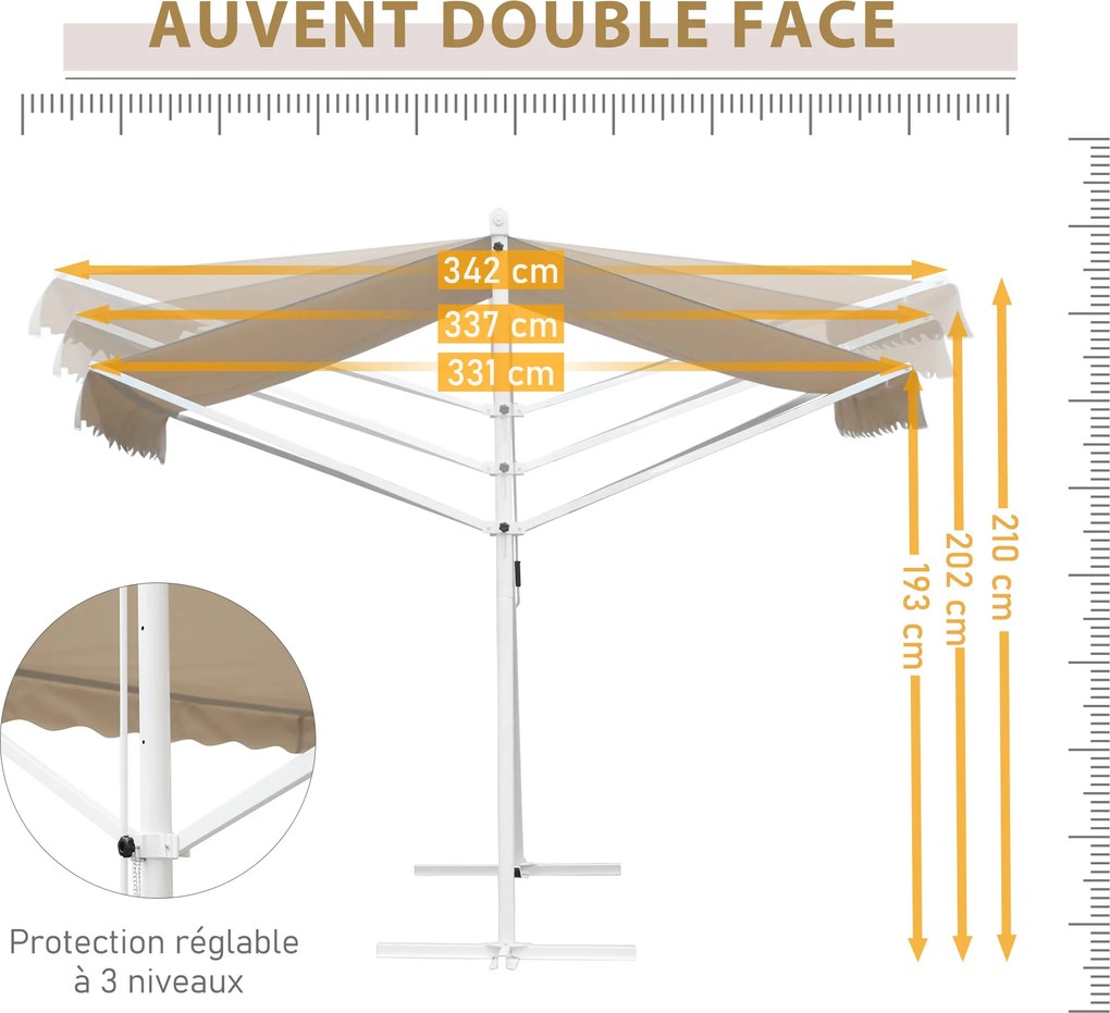 Toldo de dupla inclinação 4,50 L x 3,40 L x 2,55 A m, manual e retrátil, com inclinação ajustável, em aço com revestimento epóxi branco e poliéster im