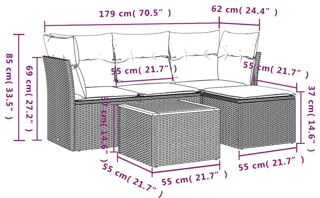 5 pcs conjunto sofás de jardim com almofadões vime PE preto