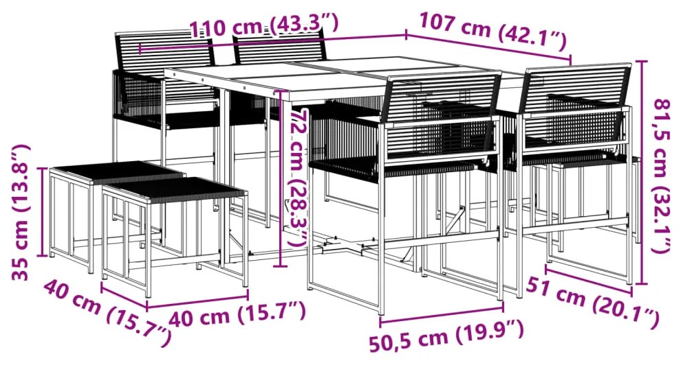 9 pcs conjunto de jantar para jardim vime PE preto