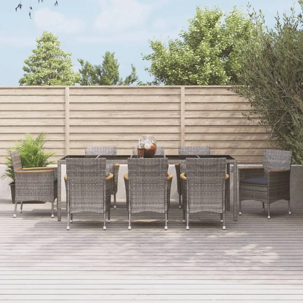 vidaXL 9 pcs conjunto de jantar p/ jardim c/ almofadões vime PE cinza