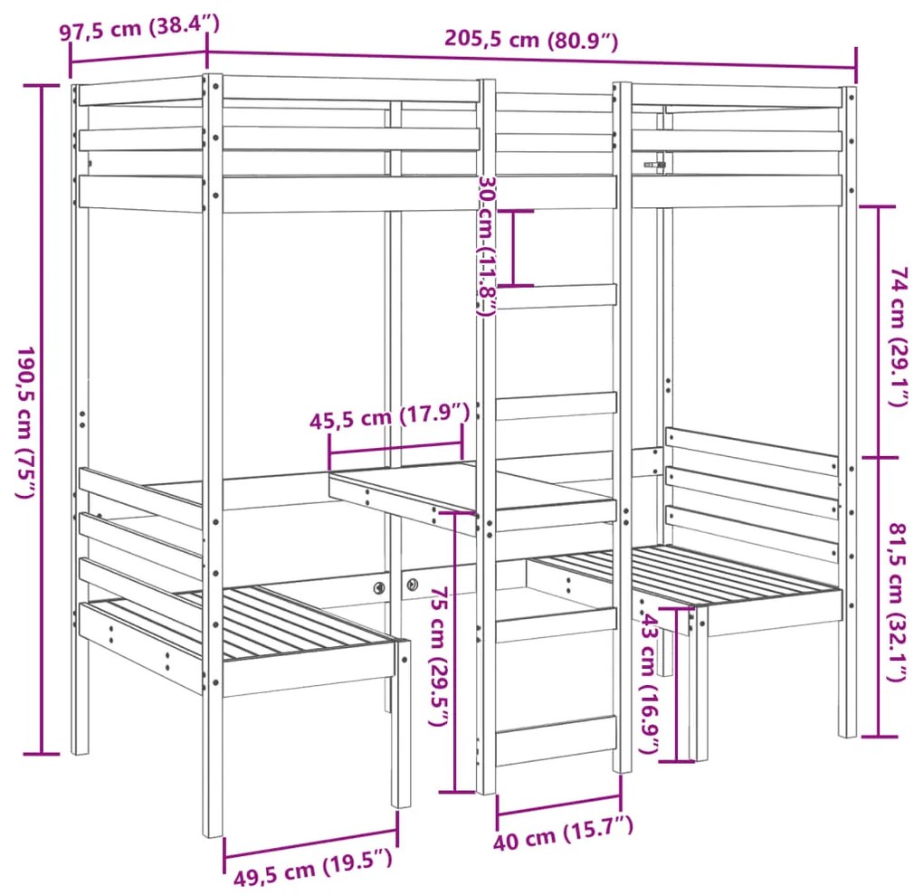 Cama alta c/ secretária/cadeiras 90x200 cm pinho castanho-mel