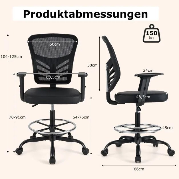 Cadeira de escritorio ergonómica Altura do assento 54-75 cm giratória alta com apoios de braços rebatíveis Preto