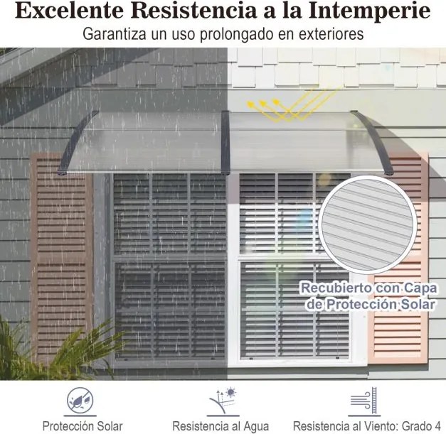 Toldo para janela ou portas 199 x 99 x 28 cm Proteção solar Chuva Neve Vento em Policarbonato e Alumínio Cinza