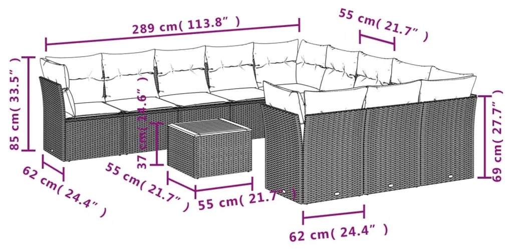 12 pcs conj. sofás jardim c/ almofadões vime PE bege misturado