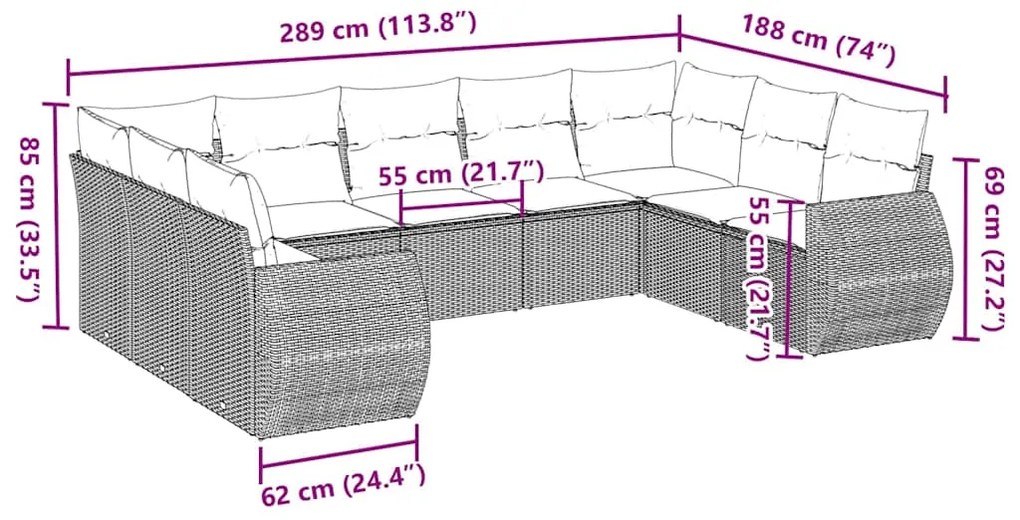 9 pcs conj. sofás jardim com almofadões vime PE cinzento-claro