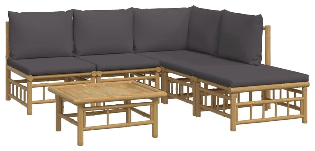 6 pcs conjunto lounge jardim bambu c/ almofadões cinza-escuro
