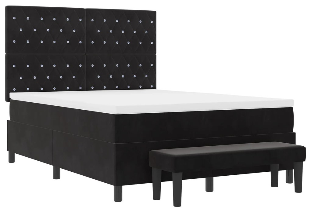 Cama Box com Colchão e Banco Preto 140x200 cm Veludo